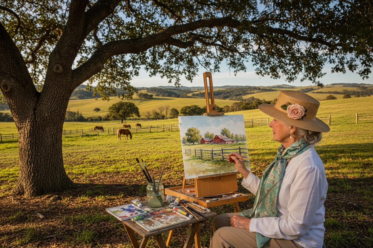 Elderly woman painting horse ranch scene under tree